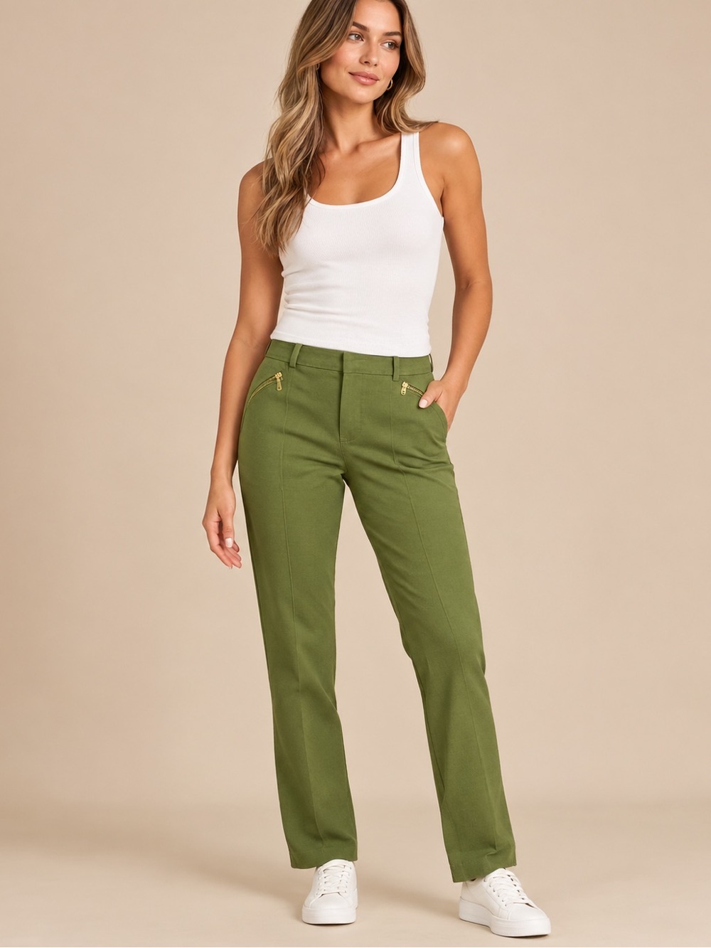 Chaus New York Olive Green Gold Zip Straight Leg Pants Size 6